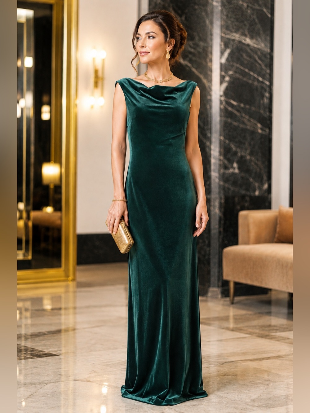 LOVELY Women's Sleeveless Dark Green Velvet Cowl Neck Maxi Dress S